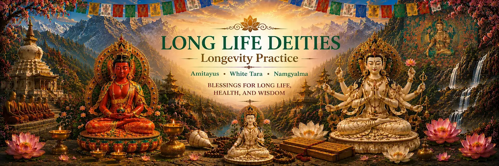 Long Life Deities - Amitauys Buddha, White Tara and Namgyalma surrounded by Himalayan temples, sacred ritual objects, lotus flowers and Tibetan Buddhist symbolism for longevity practice (desktop banner)