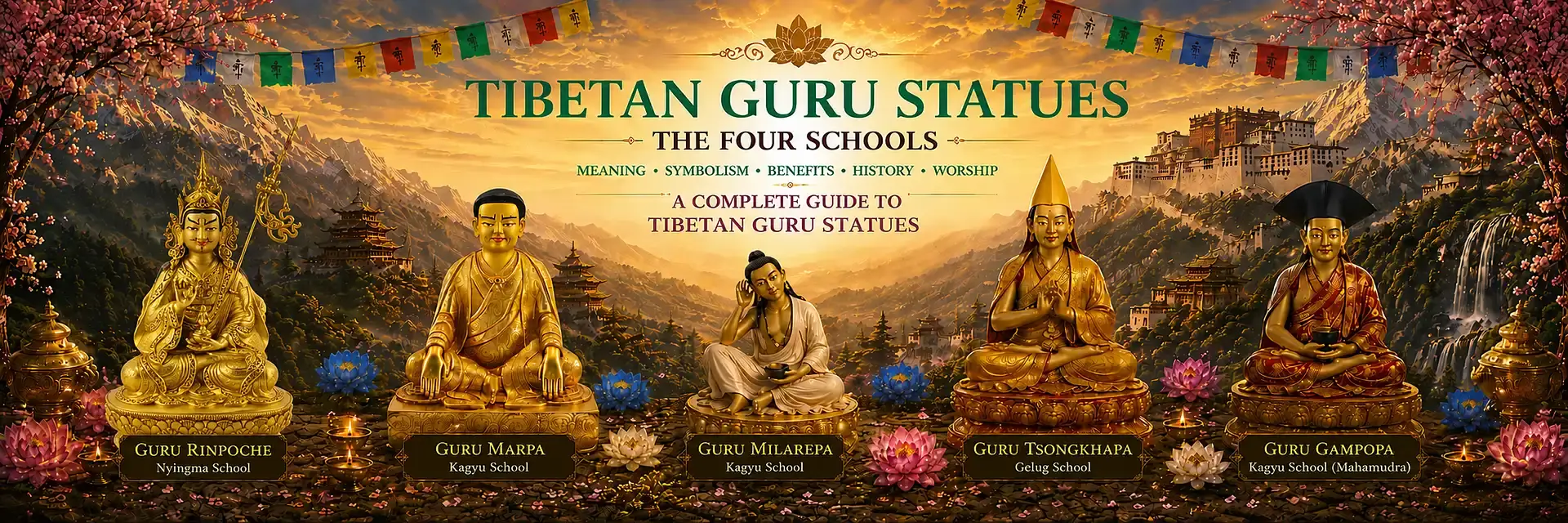 Banner Image featuring Guru Rinpoche, Guru Marpa, Guru Milarepa, Guru Tsongkhapa and Guru Gampopa seated in a Himalayan Buddhist landscape representing the major Tibetan Buddhist traditions and lineage masters.