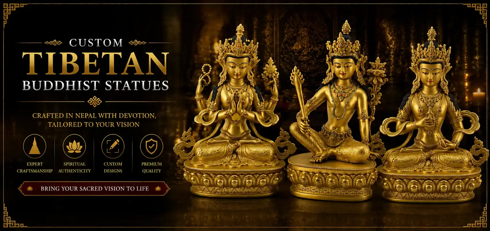 Custom Tibetan Buddhist statues featuring Chenrezig, Manjushri, and Vajrasattva handcrafted in Nepal, displayed in a sacred temple setting representing authentic Himalayan Buddhist art and traditional craftsmanship.
